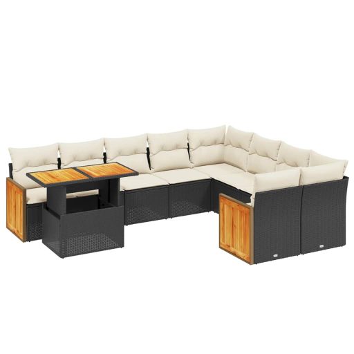 10 részes fekete polyrattan kerti ülőgarnitúra párnákkal