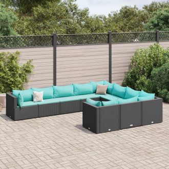   10 részes fekete polyrattan kerti ülőgarnitúra párnákkal