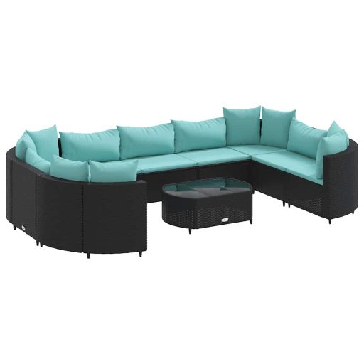 10 részes fekete polyrattan kerti ülőgarnitúra párnákkal
