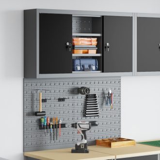   3 részes szerszám szekrény és falra szerelhető pegboard szett fekete fém