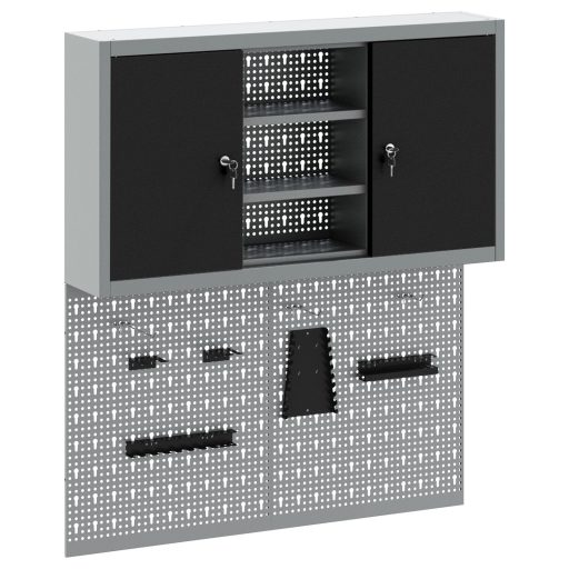 3 részes szerszám szekrény és falra szerelhető pegboard szett fekete fém
