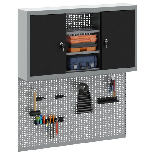 3 részes szerszám szekrény és falra szerelhető pegboard szett fekete fém