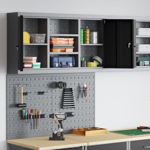3 részes szerszám szekrény és falra szerelhető pegboard szett fekete fém