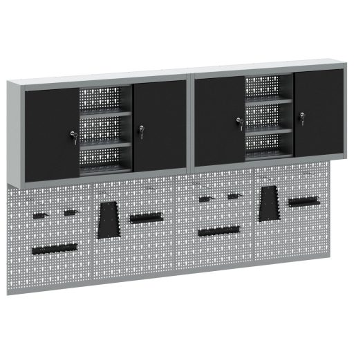 4 darabos szerszámos szekrény és pegboard készlet, falra szerelhető, fekete fém