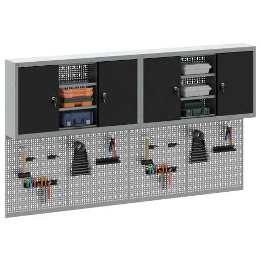 4 darabos szerszámos szekrény és pegboard készlet, falra szerelhető, fekete fém