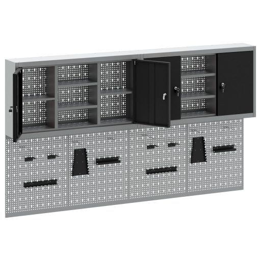 4 darabos szerszámos szekrény és pegboard készlet, falra szerelhető, fekete fém