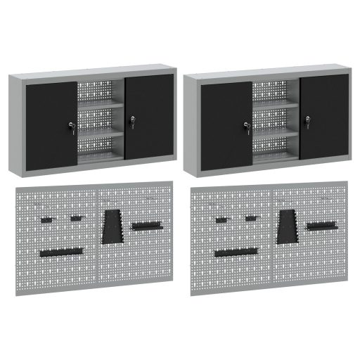4 darabos szerszámos szekrény és pegboard készlet, falra szerelhető, fekete fém