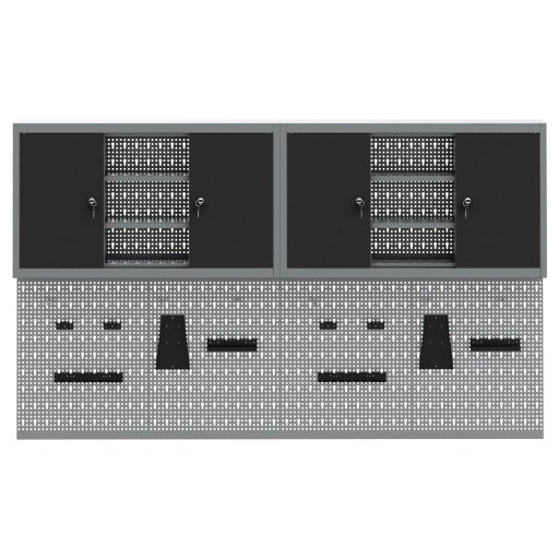 4 darabos szerszámos szekrény és pegboard készlet, falra szerelhető, fekete fém