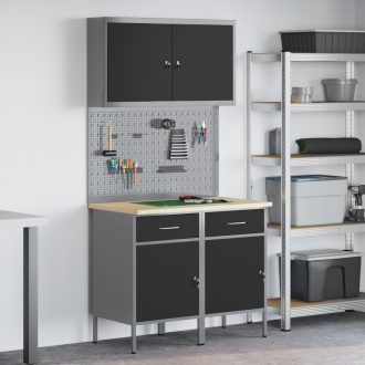   5 Részes Munkaszekrény és Pegboard Készlet Fekete MDF és Fém