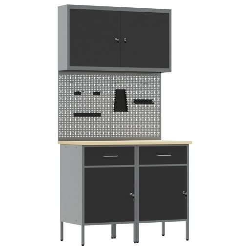 5 Részes Munkaszekrény és Pegboard Készlet Fekete MDF és Fém