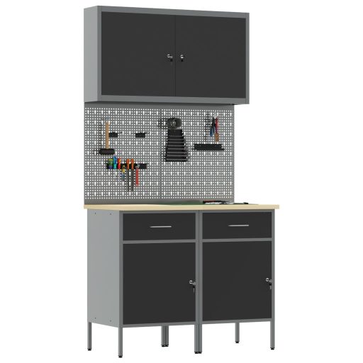 5 Részes Munkaszekrény és Pegboard Készlet Fekete MDF és Fém