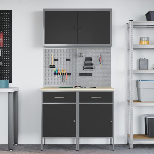 5 Részes Munkaszekrény és Pegboard Készlet Fekete MDF és Fém