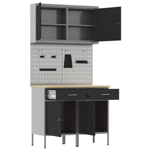 5 Részes Munkaszekrény és Pegboard Készlet Fekete MDF és Fém