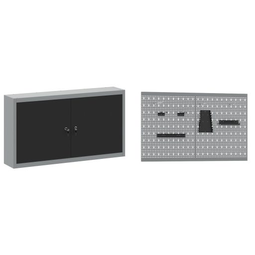 5 Részes Munkaszekrény és Pegboard Készlet Fekete MDF és Fém