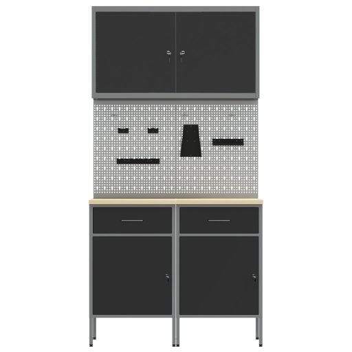 5 Részes Munkaszekrény és Pegboard Készlet Fekete MDF és Fém