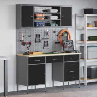   7 részes fekete MDF és fémből készült munkaszekrény és pegboard szett