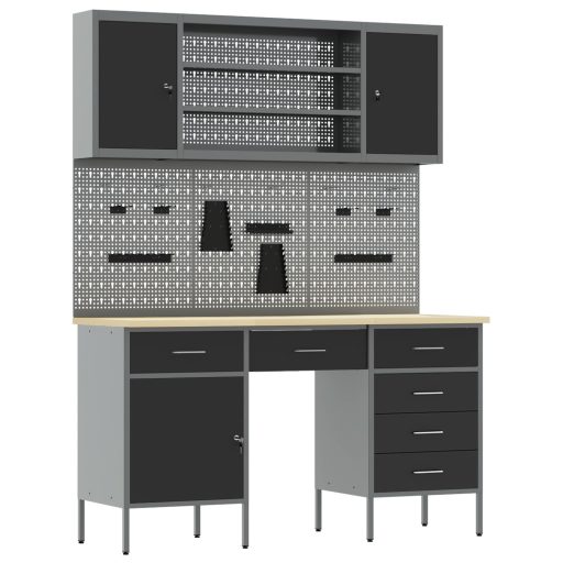 7 részes fekete MDF és fémből készült munkaszekrény és pegboard szett