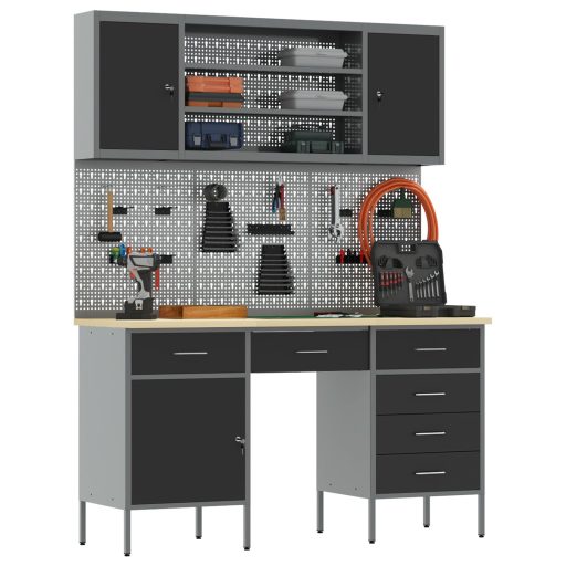 7 részes fekete MDF és fémből készült munkaszekrény és pegboard szett