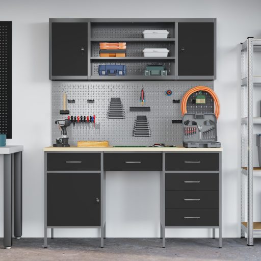 7 részes fekete MDF és fémből készült munkaszekrény és pegboard szett