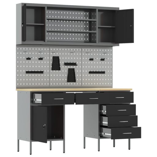 7 részes fekete MDF és fémből készült munkaszekrény és pegboard szett