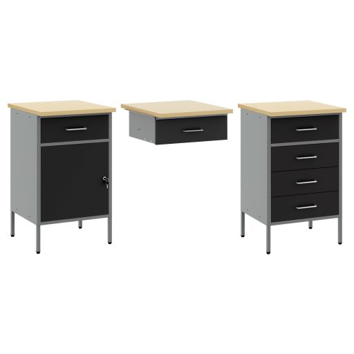 7 részes fekete MDF és fémből készült munkaszekrény és pegboard szett