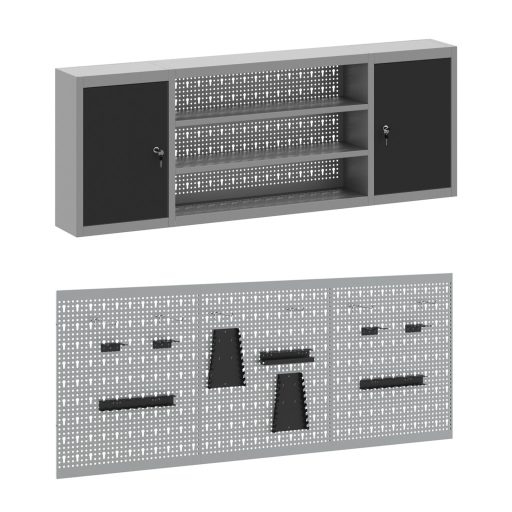 7 részes fekete MDF és fémből készült munkaszekrény és pegboard szett