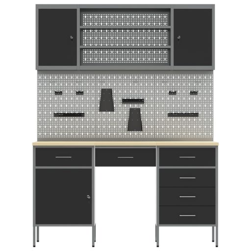 7 részes fekete MDF és fémből készült munkaszekrény és pegboard szett