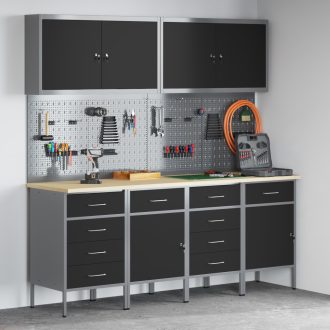   10 részes fekete MDF és fém munkaszekrény és pegboard szett
