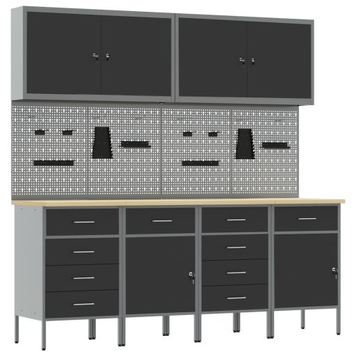 10 részes fekete MDF és fém munkaszekrény és pegboard szett