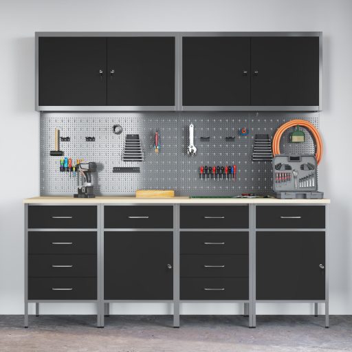 10 részes fekete MDF és fém munkaszekrény és pegboard szett