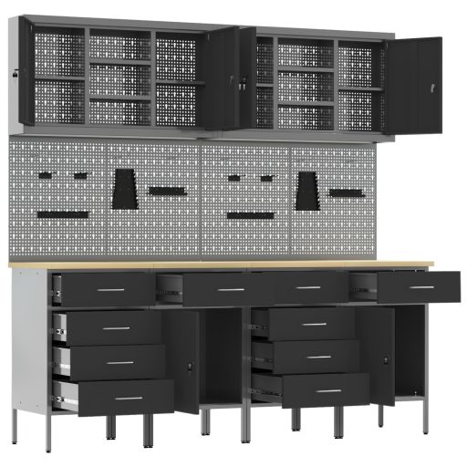 10 részes fekete MDF és fém munkaszekrény és pegboard szett