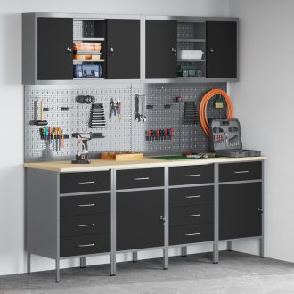   10 db-os munkakabinet és pegboard szett fekete MDF-ből és fémből
