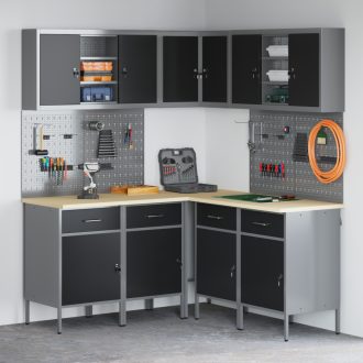   12 darabos munkasarok és pegboard szett fekete MDF-ből és fémből