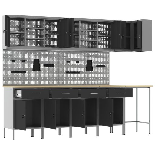 12 darabos munkasarok és pegboard szett fekete MDF-ből és fémből
