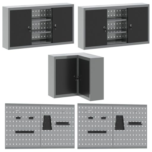 12 darabos munkaszekrény és fali panel készlet fekete MDF-ből meg fémmel