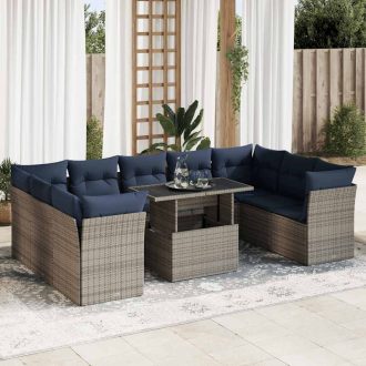   10 részes szürke polyrattan akácfa kerti ülőgarnitúra párnákkal