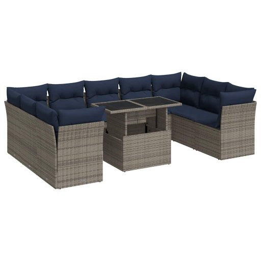 10 részes szürke polyrattan akácfa kerti ülőgarnitúra párnákkal