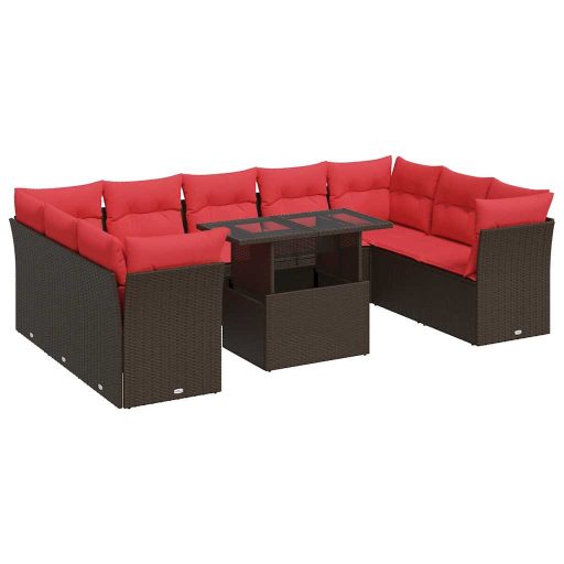 10 részes barna polyrattan akácfa kerti ülőgarnitúra párnákkal