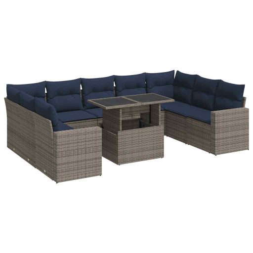 10 részes szürke polyrattan akácfa kerti ülőgarnitúra párnákkal