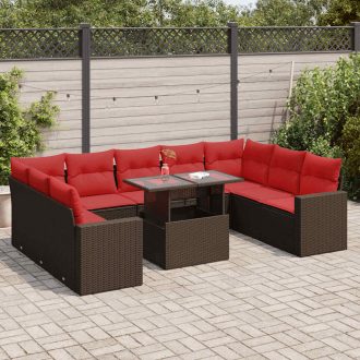   10 részes barna polyrattan akácfa kerti ülőgarnitúra párnákkal
