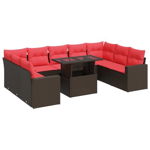 10 részes barna polyrattan akácfa kerti ülőgarnitúra párnákkal