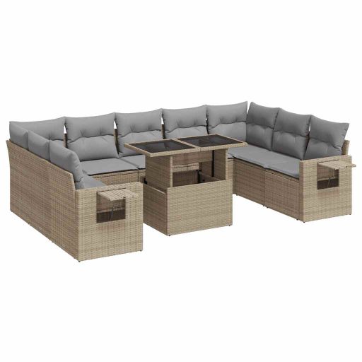10 részes bézs polyrattan kerti ülőgarnitúra párnával