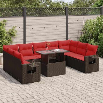   10 részes barna polyrattan akácfa kerti ülőgarnitúra párnákkal