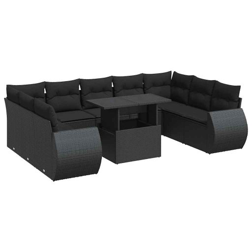 10 részes fekete polyrattan kerti ülőgarnitúra párnákkal