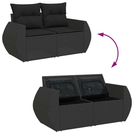 10 részes fekete polyrattan kerti ülőgarnitúra párnákkal