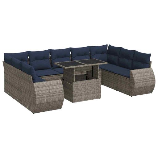 10 részes szürke polyrattan akácfa kerti ülőgarnitúra párnákkal