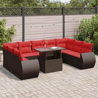   10 részes barna polyrattan akácfa kerti ülőgarnitúra párnákkal