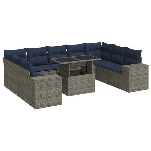 10 részes szürke polyrattan akácfa kerti ülőgarnitúra párnákkal