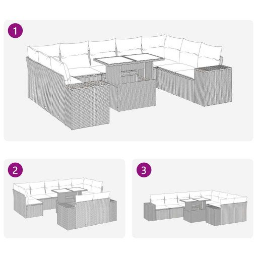 10 részes szürke polyrattan akácfa kerti ülőgarnitúra párnákkal