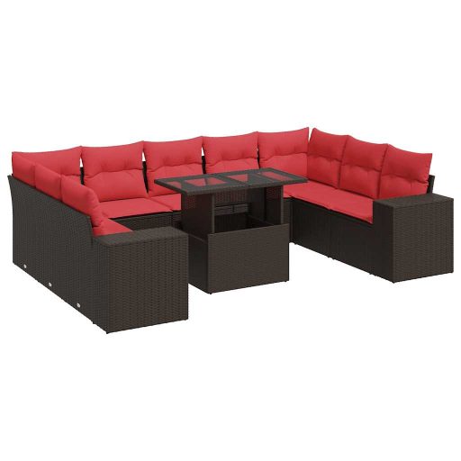 10 részes barna polyrattan akácfa kerti ülőgarnitúra párnákkal